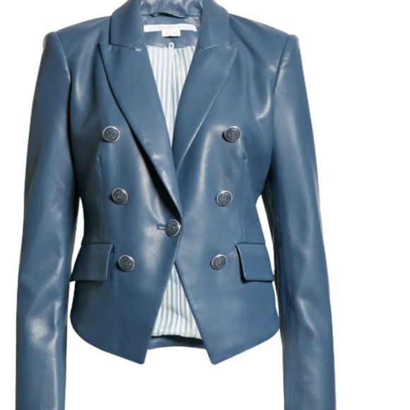 VERONICA BEARD COOKE DICKEY MARINE BLUE FAUX LEATHERETTE JACKET BLAZER sz 16 - Picture 8 of 10